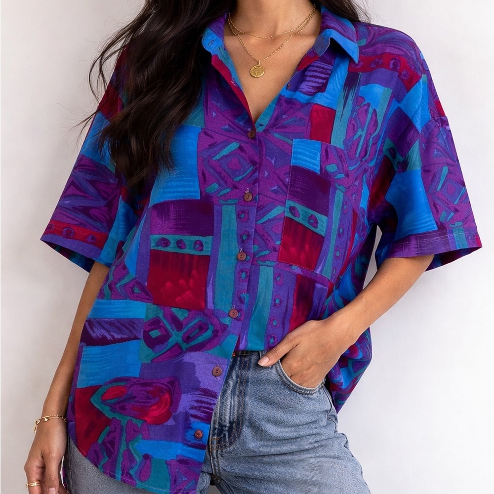 Vintage 90s Retro Purple Green Abstract Blouse Size Medium Buttons Bobbie Brooks